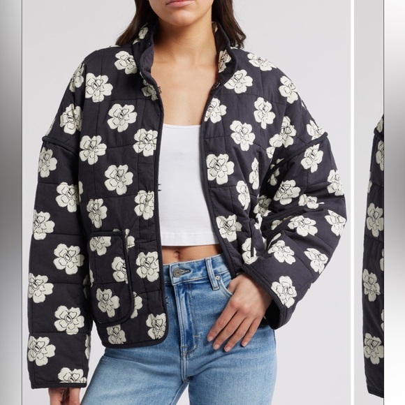 Free People Jackets & Blazers - Free People Chloe Print Quilted Jacket XS NWT Floral Black